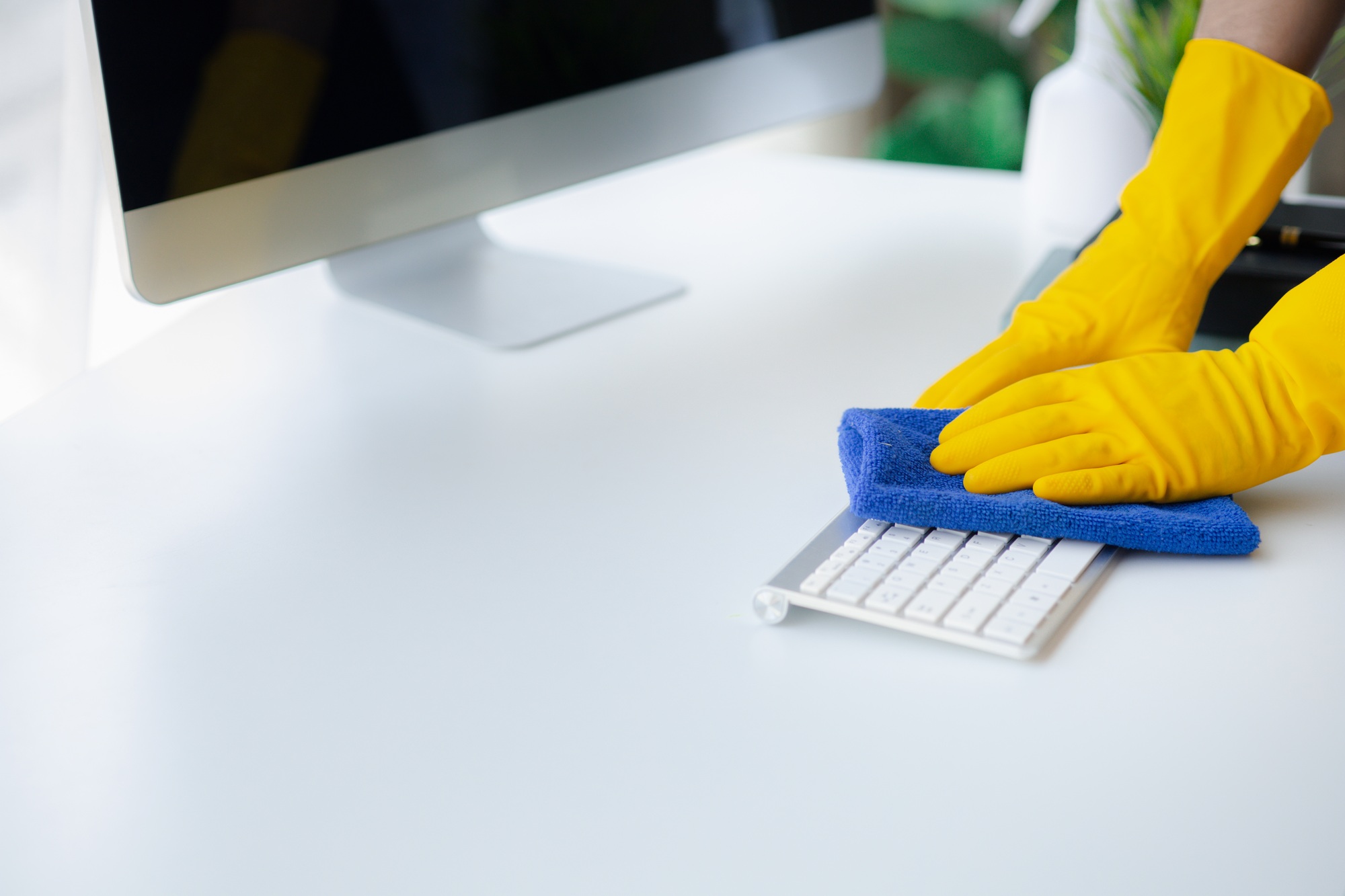 Person cleaning room, cleaning worker is using cloth to wipe keyboard in company office room.